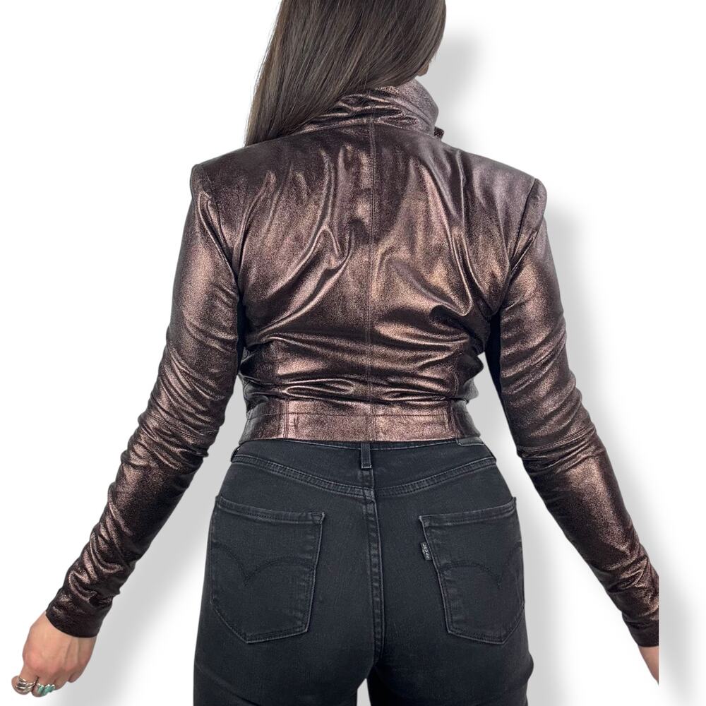 VEDA NYC metallic bronze lamb leather fitted cropped biker jacket - Picture 5 of 16